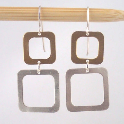 Two Square Earrings in Silver and Brass
