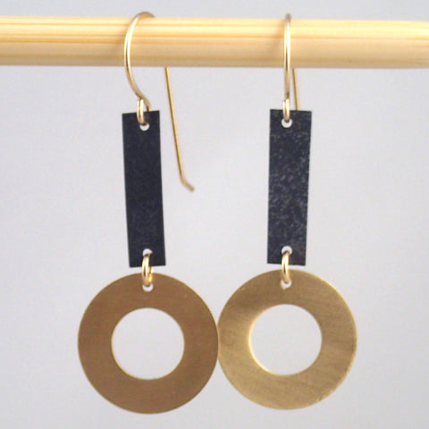 Small Brass and oxidized Ring & Bar earrings