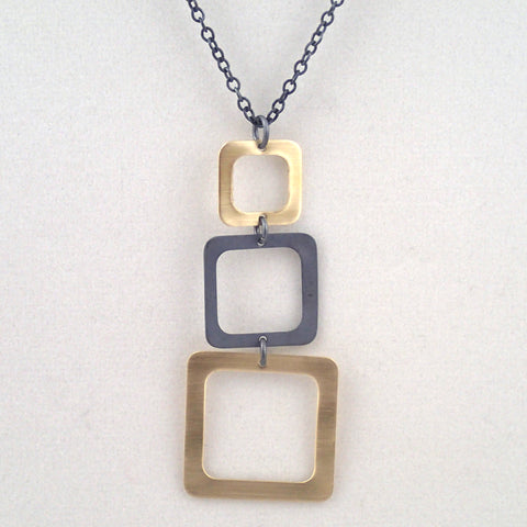 Three Square Necklace in Brass and Oxidized Silver